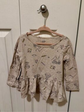 GAP Beige Peplum Long Sleeve Top with School Print
